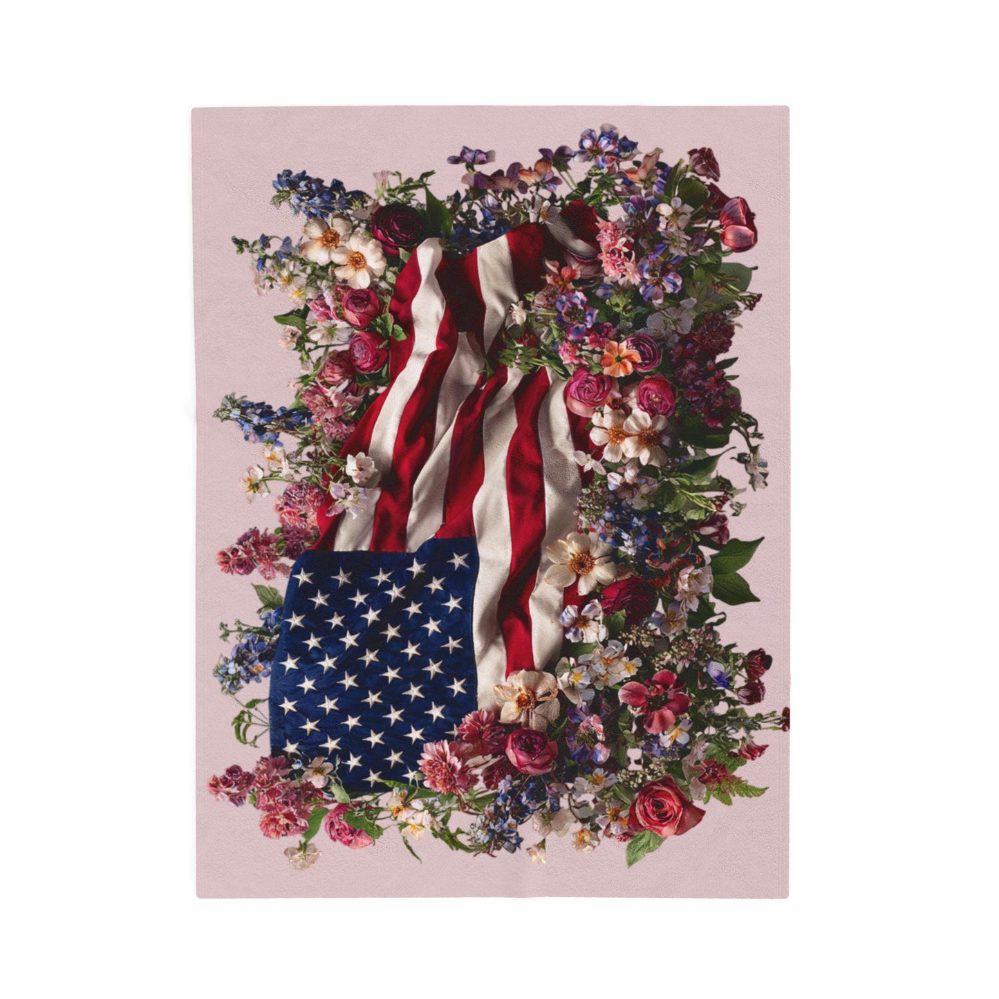 American Flag with Floral Wreath Velveteen Plush Blanket