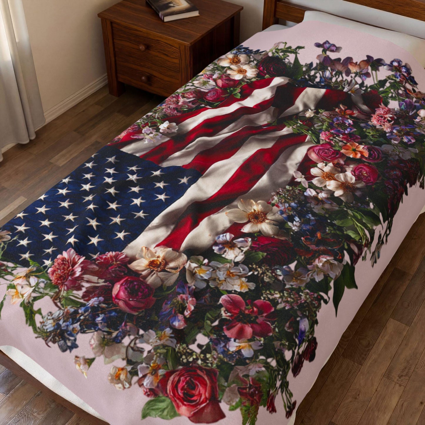 American Flag with Floral Wreath Velveteen Plush Blanket