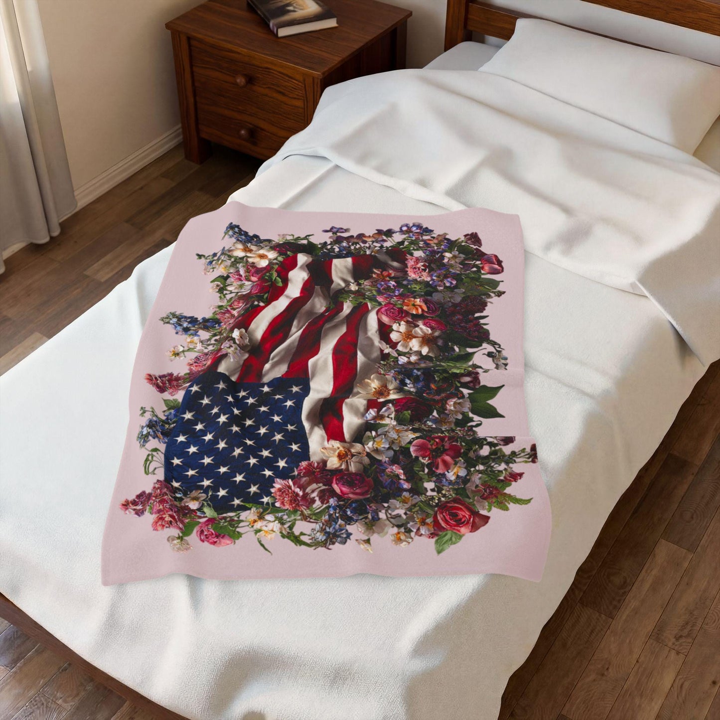 American Flag with Floral Wreath Velveteen Plush Blanket
