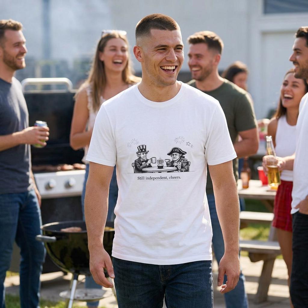 Still Independent Cheers T-Shirt | Uncle Sam & Revolutionary Soldier Illustration
