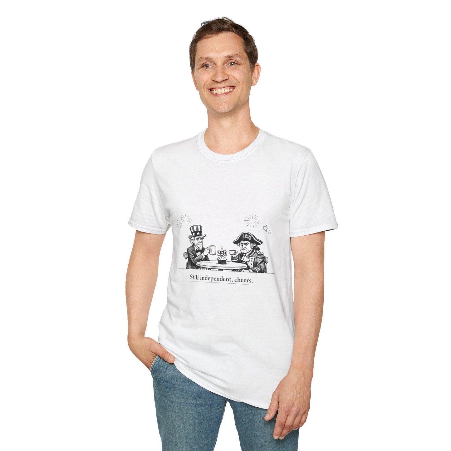 Still Independent Cheers T-Shirt | Uncle Sam & Revolutionary Soldier Illustration