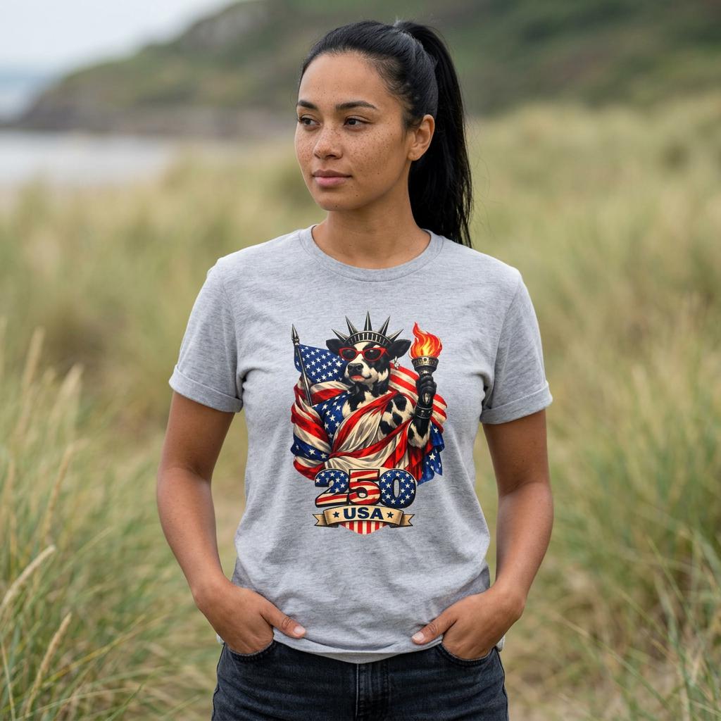 Cow Statue of Liberty with American Flag T-Shirt | Patriotic USA 4th of July