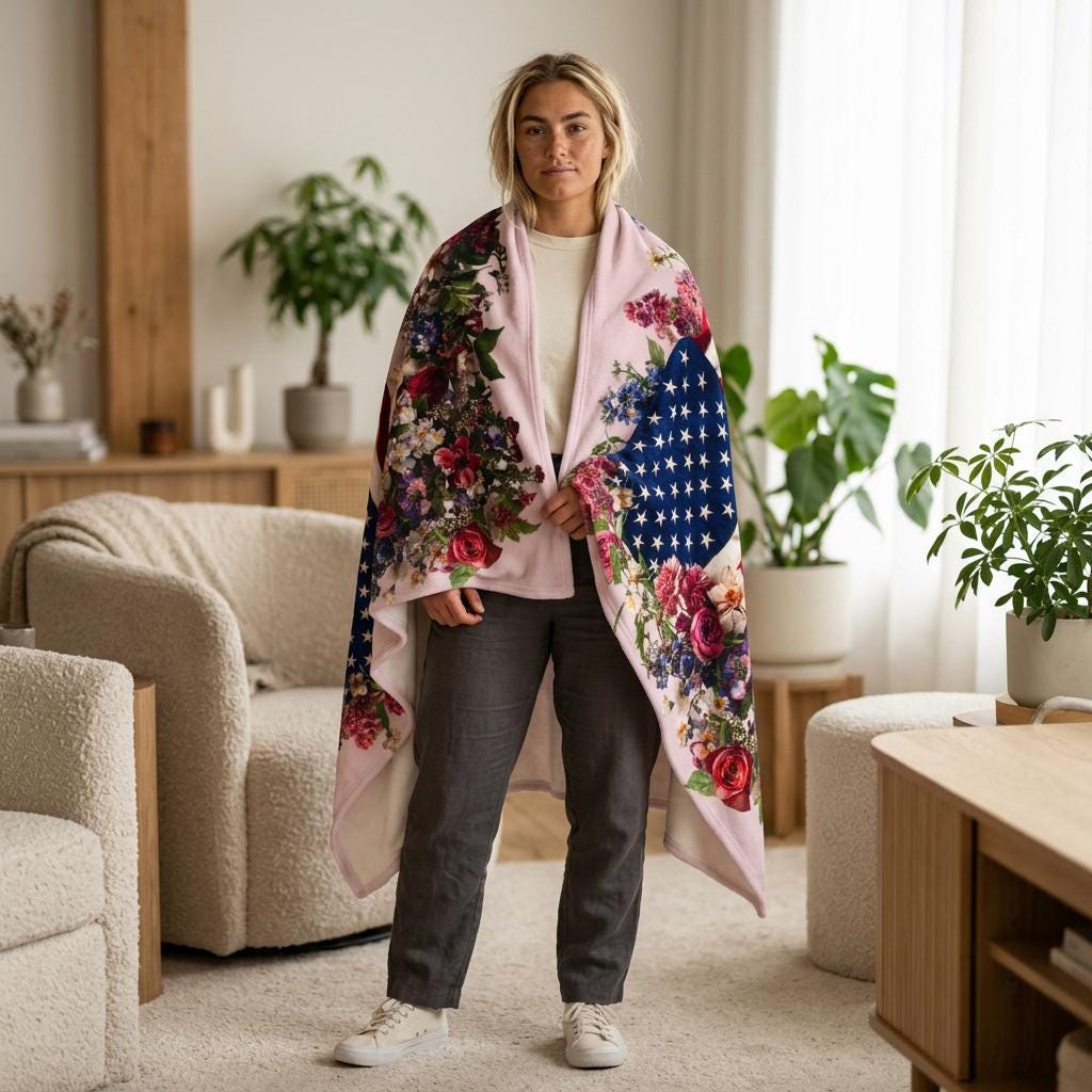American Flag with Floral Wreath Velveteen Plush Blanket