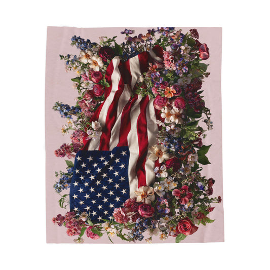 American Flag with Floral Wreath Velveteen Plush Blanket