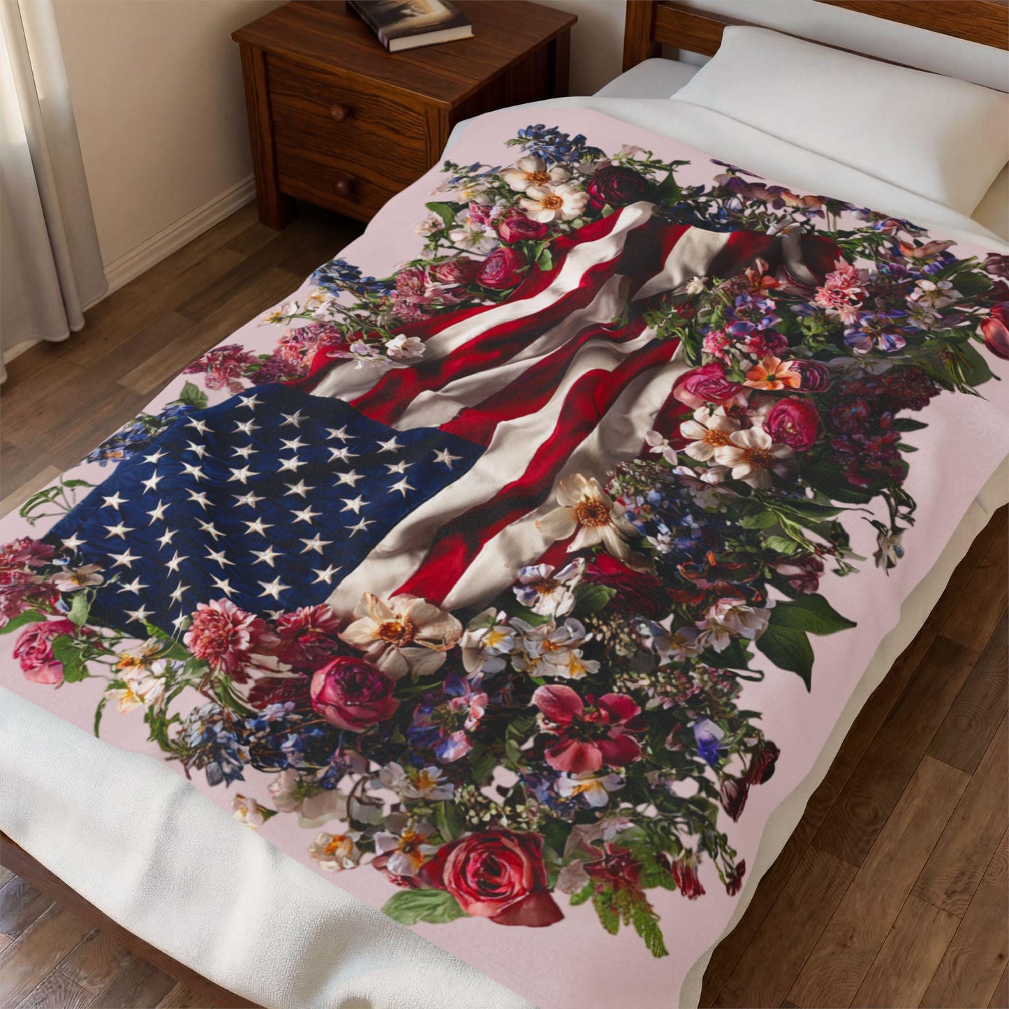 American Flag with Floral Wreath Velveteen Plush Blanket