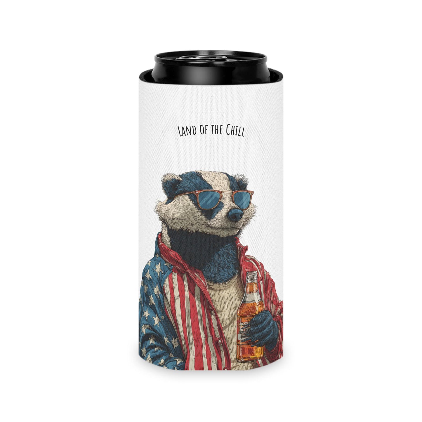 Land of the Chill Badger Can Cooler | Patriotic Americana Beer Holder