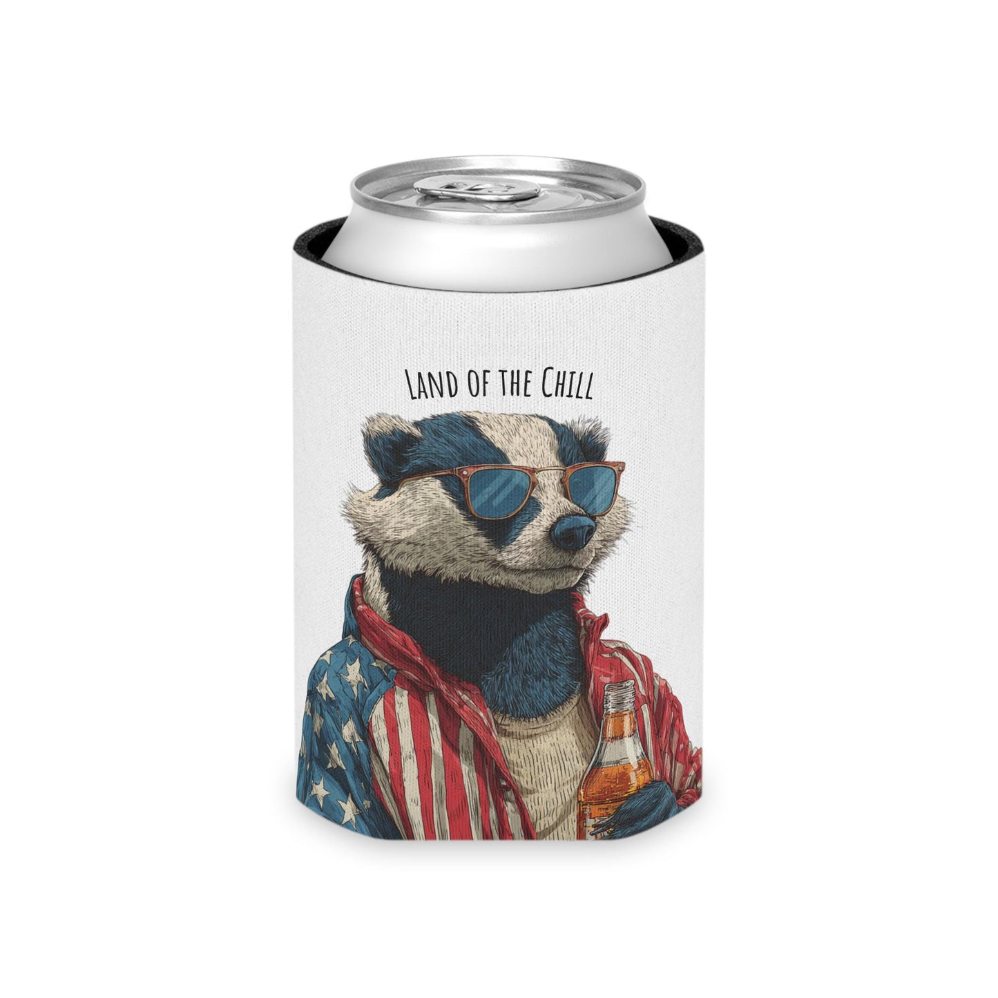 Land of the Chill Badger Can Cooler | Patriotic Americana Beer Holder