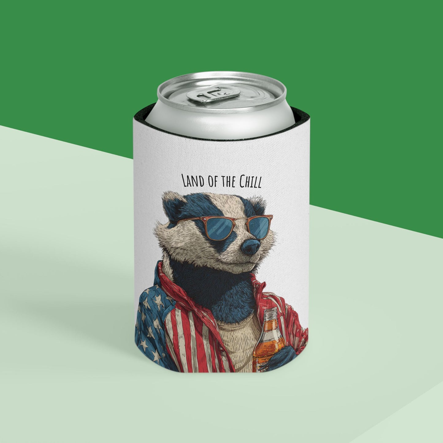Land of the Chill Badger Can Cooler | Patriotic Americana Beer Holder