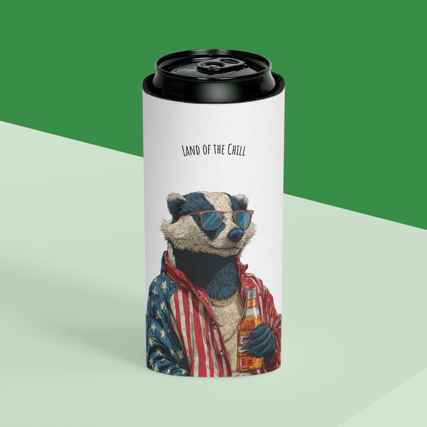 Land of the Chill Badger Can Cooler | Patriotic Americana Beer Holder