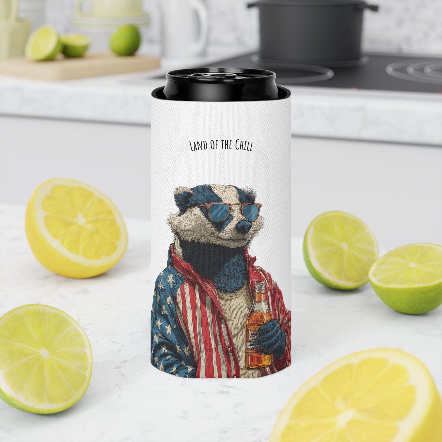 Land of the Chill Badger Can Cooler | Patriotic Americana Beer Holder