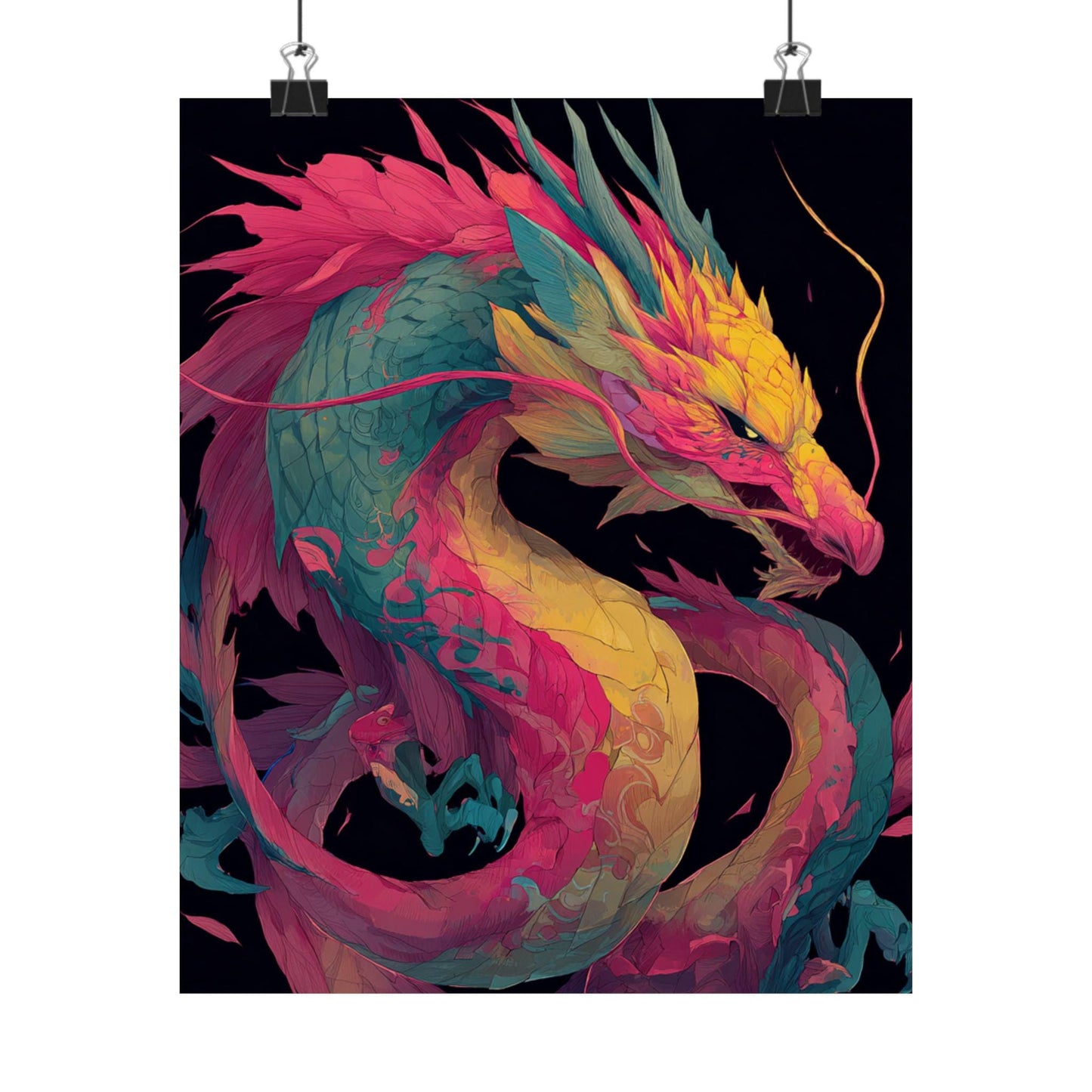 Vibrant Neon Dragon Matte Vertical Poster | Colorful Asian Dragon Wall Art