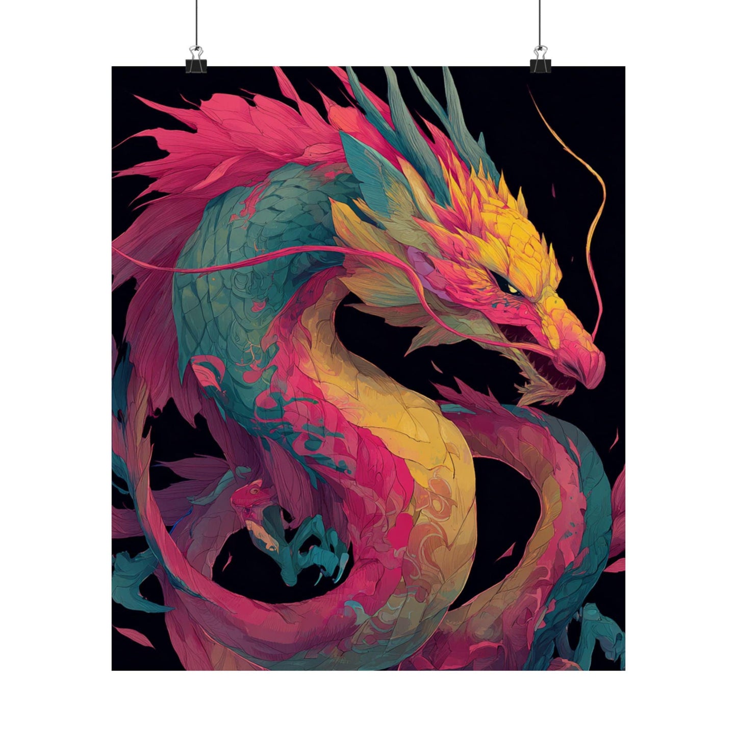 Vibrant Neon Dragon Matte Vertical Poster | Colorful Asian Dragon Wall Art