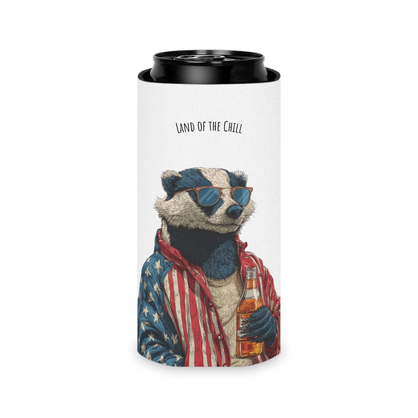 Land of the Chill Badger Can Cooler | Patriotic Americana Beer Holder