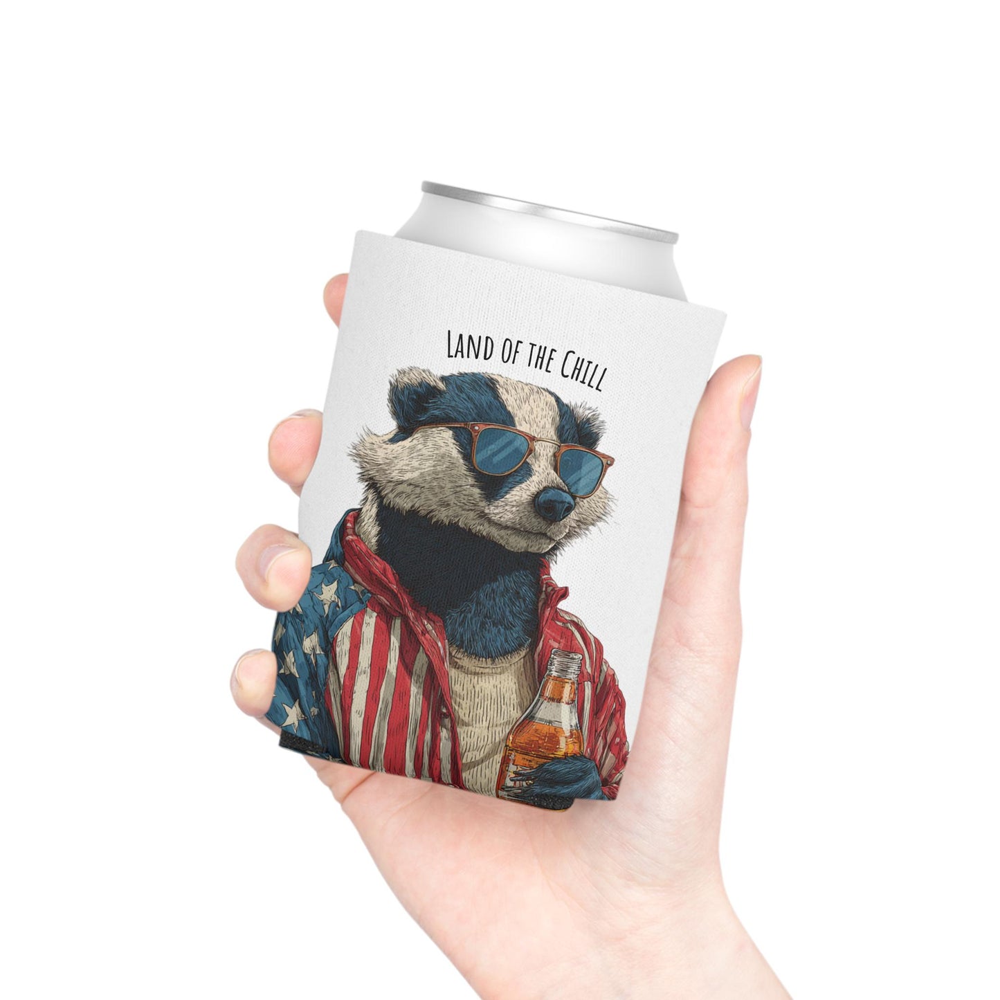 Land of the Chill Badger Can Cooler | Patriotic Americana Beer Holder