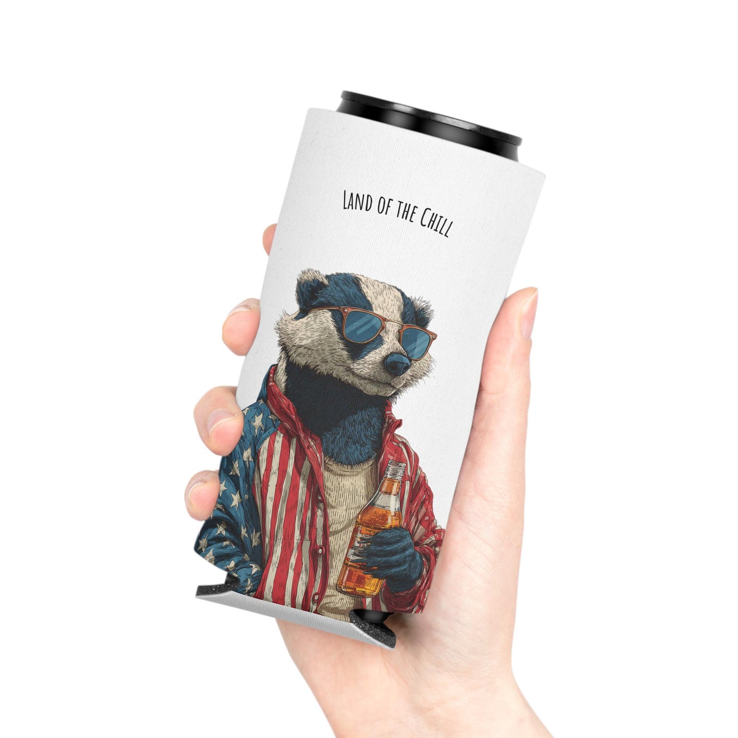 Land of the Chill Badger Can Cooler | Patriotic Americana Beer Holder