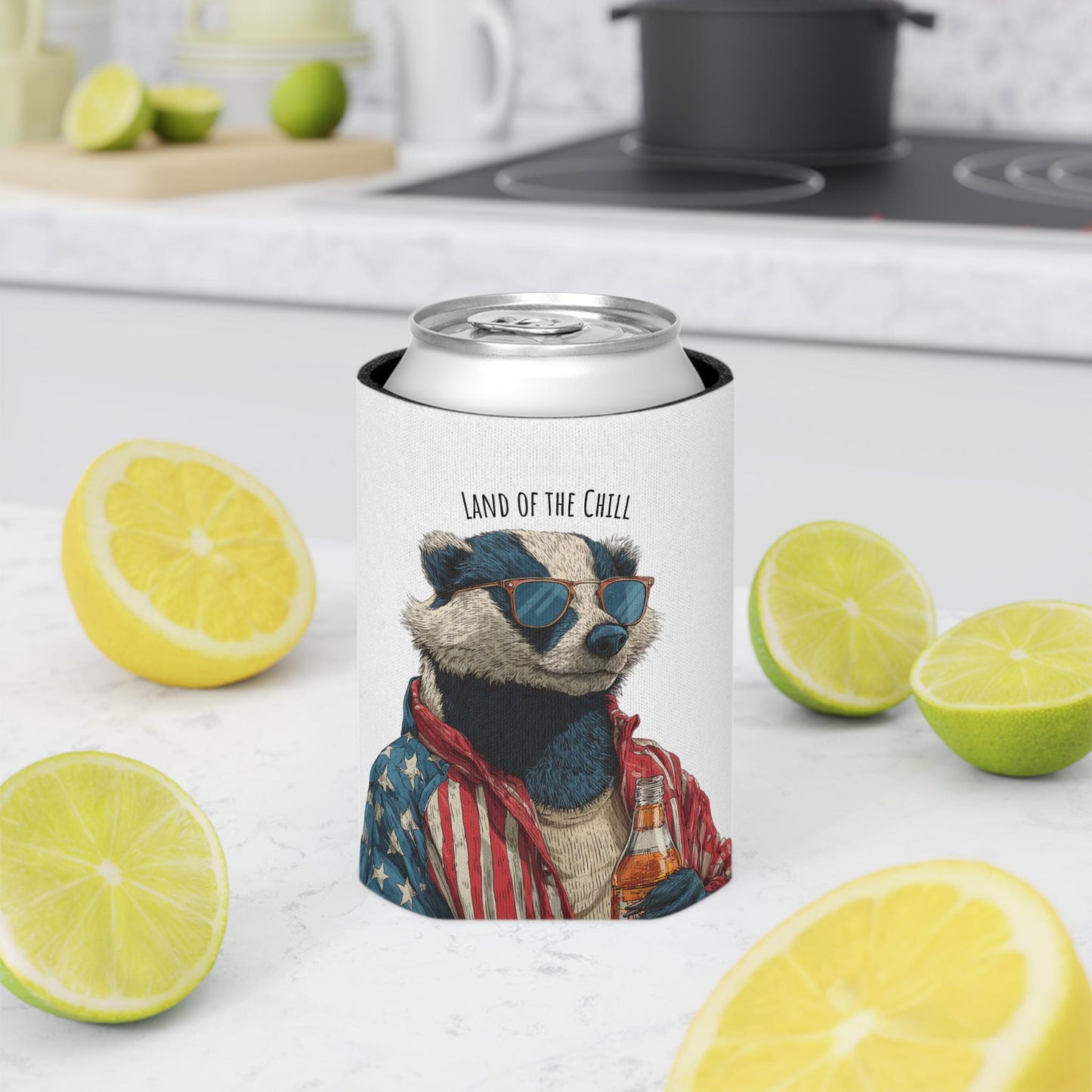 Land of the Chill Badger Can Cooler | Patriotic Americana Beer Holder