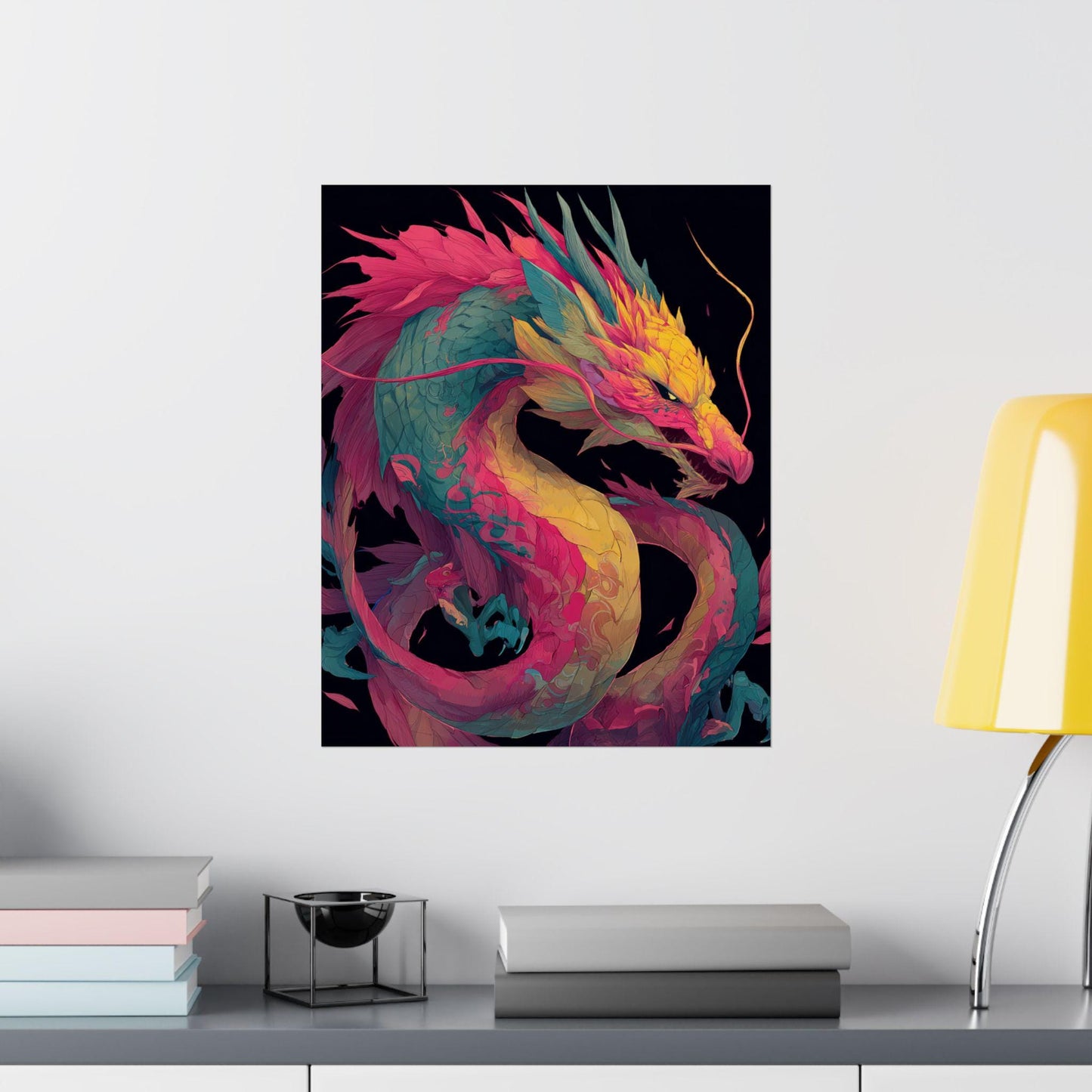 Vibrant Neon Dragon Matte Vertical Poster | Colorful Asian Dragon Wall Art