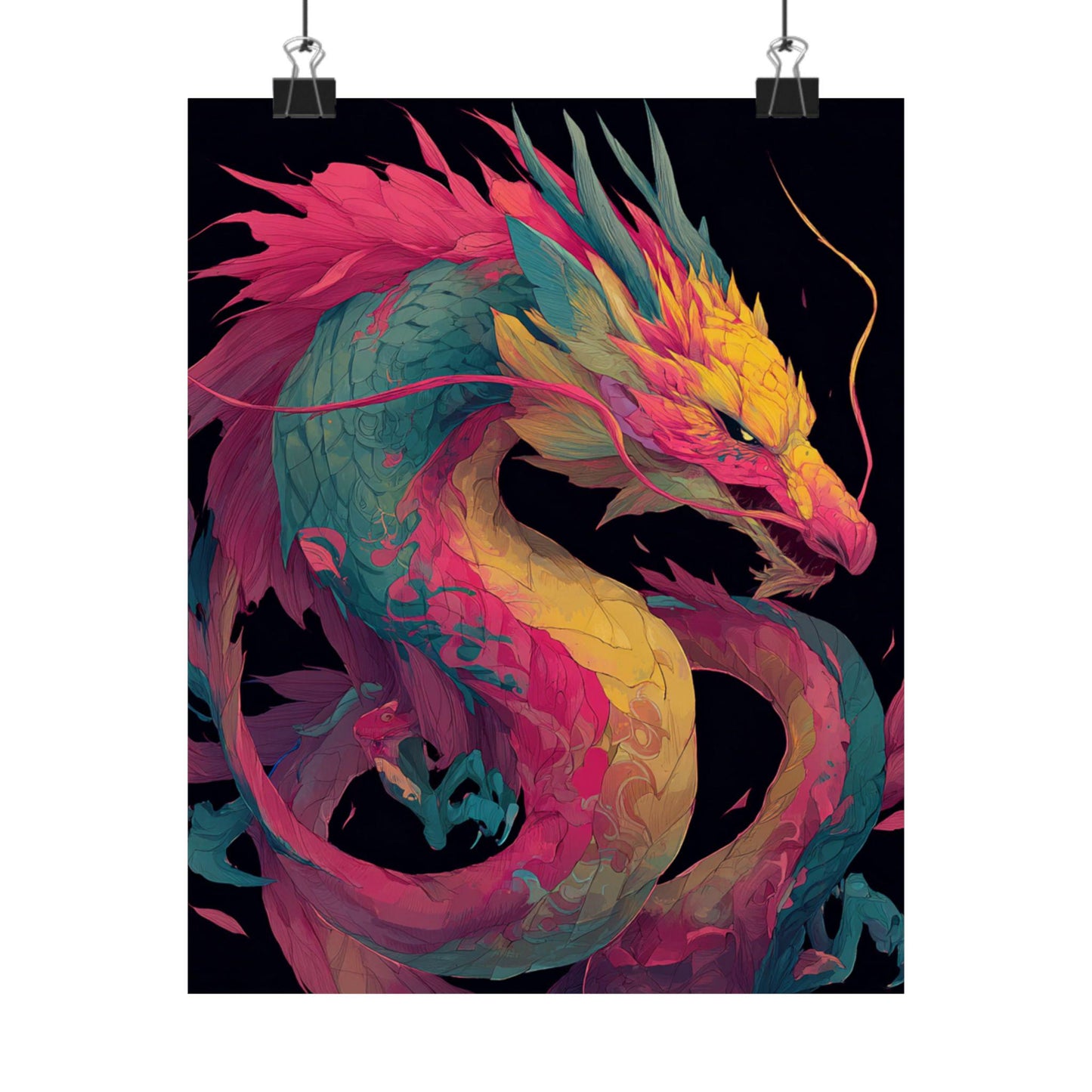 Vibrant Neon Dragon Matte Vertical Poster | Colorful Asian Dragon Wall Art