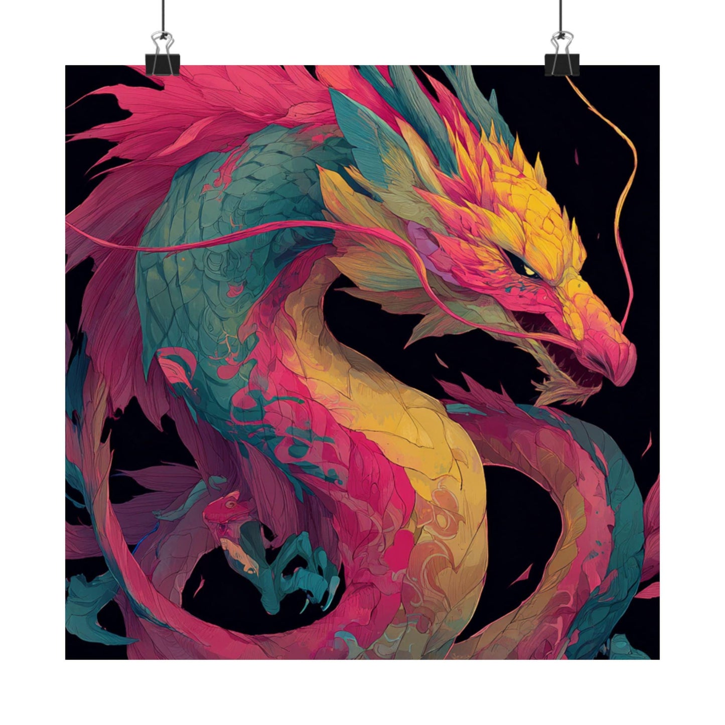 Vibrant Neon Dragon Matte Vertical Poster | Colorful Asian Dragon Wall Art
