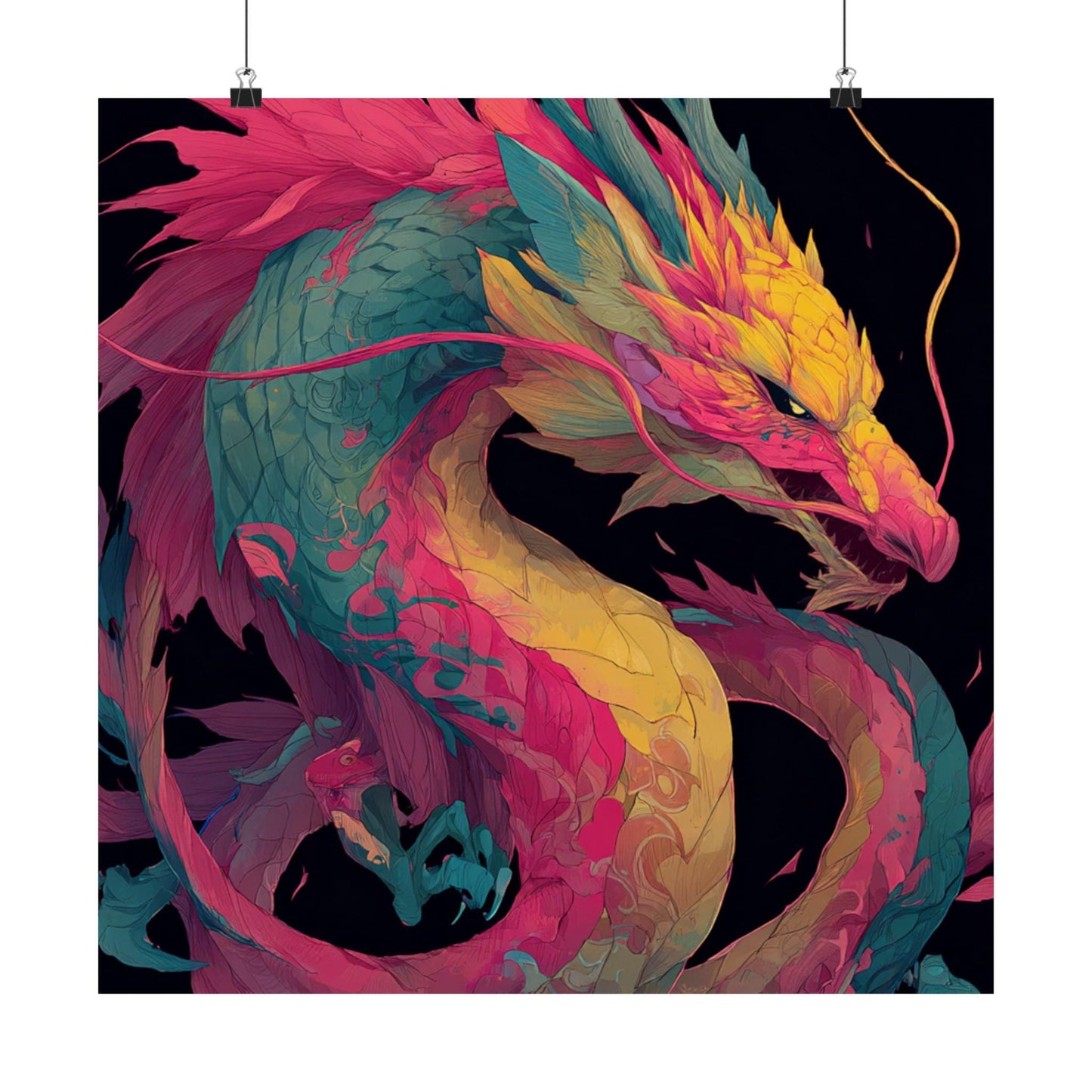 Vibrant Neon Dragon Matte Vertical Poster | Colorful Asian Dragon Wall Art