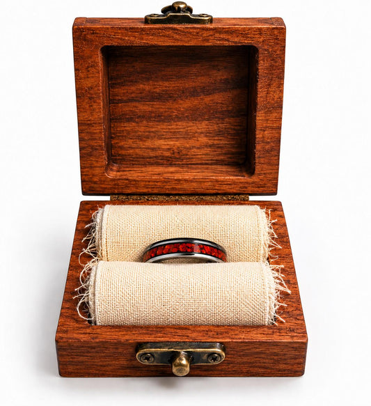 Dragon’s Eye Red Opal Ring – Stainless Steel Band – Handmade Men’s Fantasy Ring – Cherry Wood Gift Box – Rustic Opal Inlay Jewelry