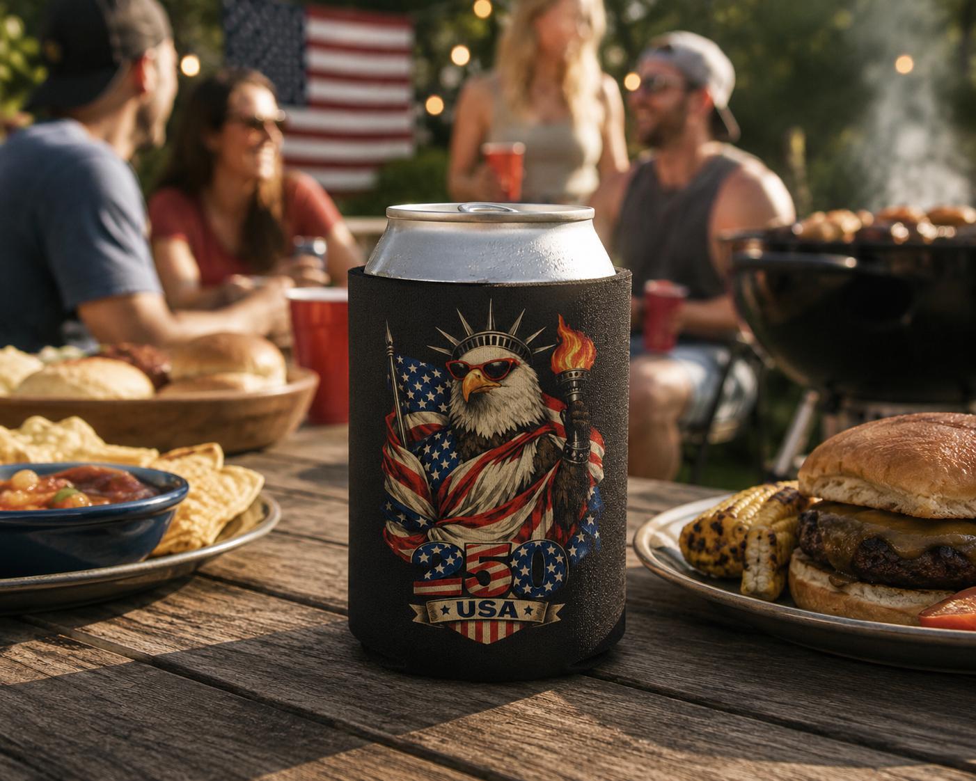 Patriotic Eagle with Flag Can Cooler | USA Americana Drink Koozie