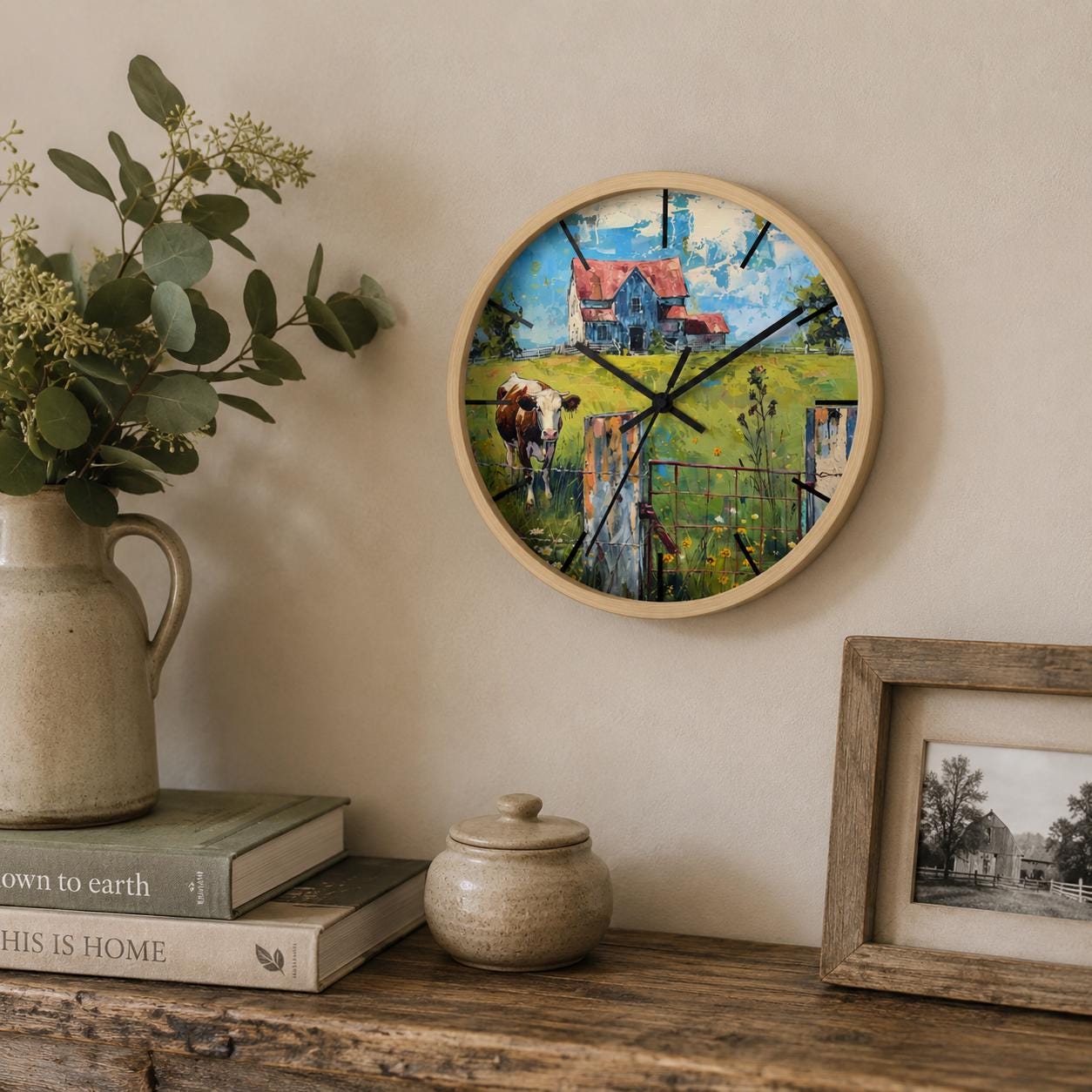 Cow and Barn Farmhouse Wall Clock: Rustic Country Decor
