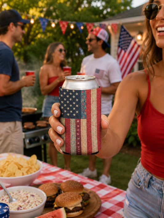 Distressed American Flag Can Cooler | Patriotic Beverage Koozie
