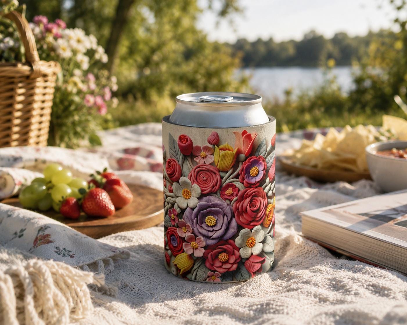 Floral Can Cooler: Botanical Flower Pattern Drink Holder