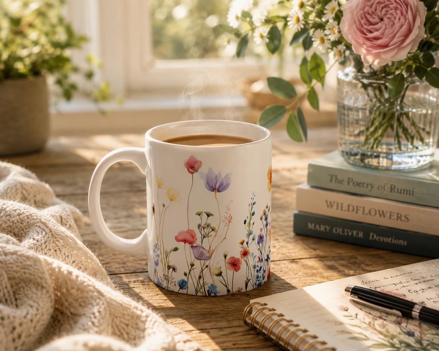 Watercolor Wildflower Mug: Boho Pressed Flowers Coffee Mug