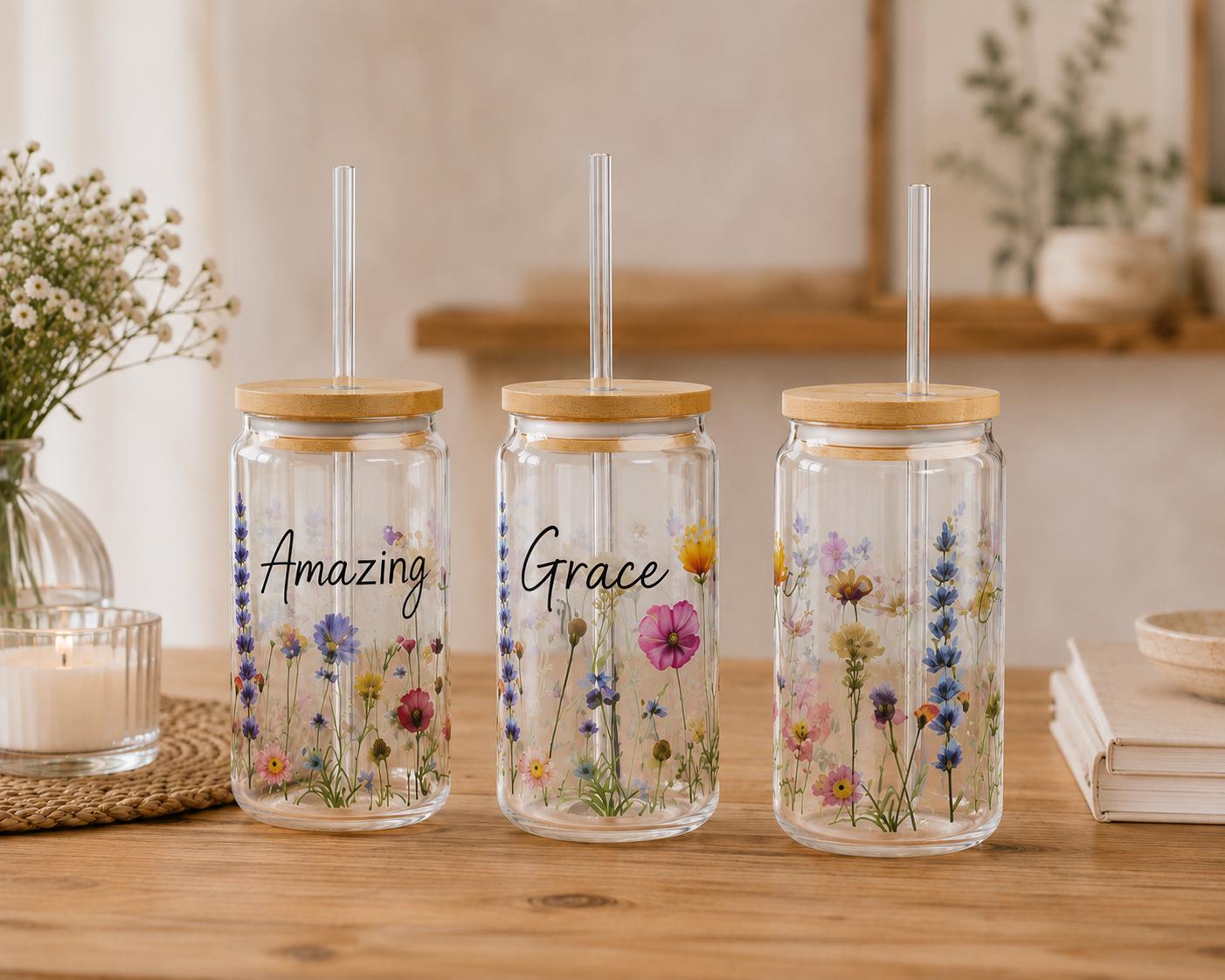 Amazing Grace Glass Tumbler, Wildflower Design, 16oz Sipper