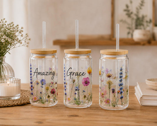 Amazing Grace Glass Tumbler, Wildflower Design, 16oz Sipper