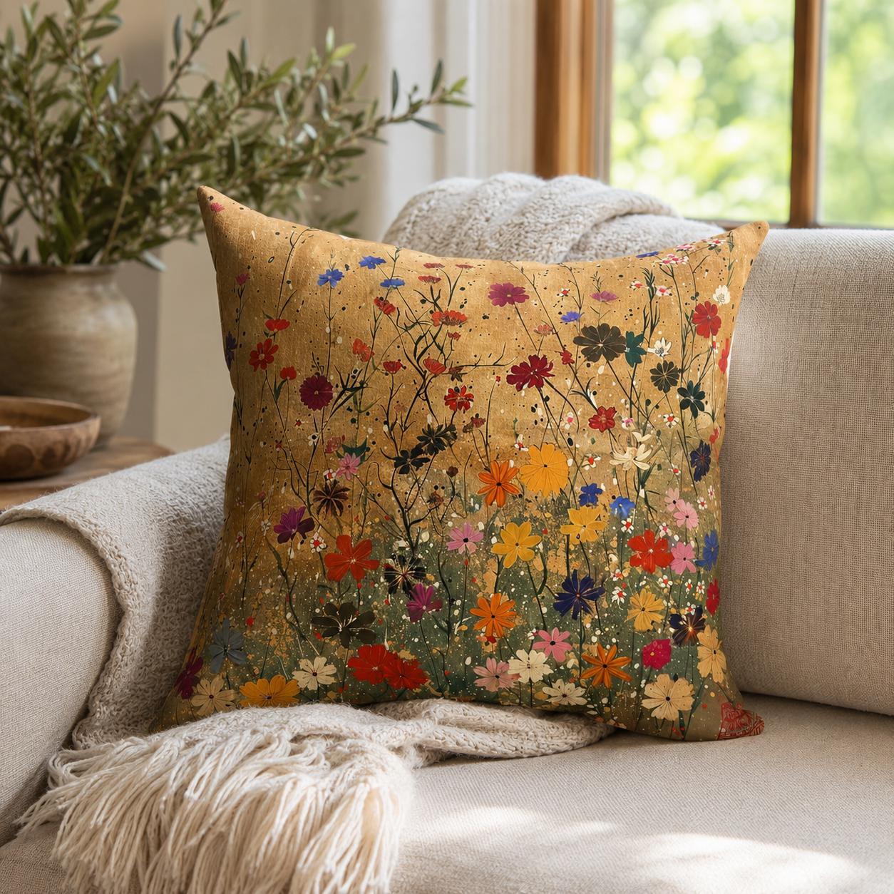 Japanese Wildflowers on a Spun Polyester Square Pillow