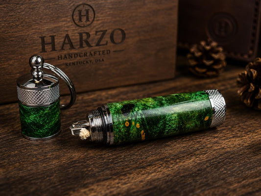 Green Dyed Maple Burl Lighter Keychain – Handmade Wood & Metal EDC Gift for Him | HARZO Handcrafted Kentucky USA
